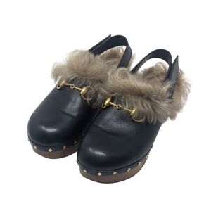 Gucci Black Amstel Leather Fur Slingback Clog Mule Size EU 37.5